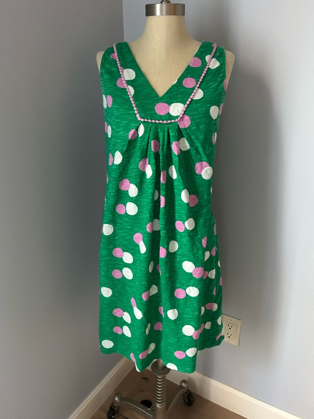 Boden Green Polka Dot Sleeveless V-Neck Dress with Pink and White Dots